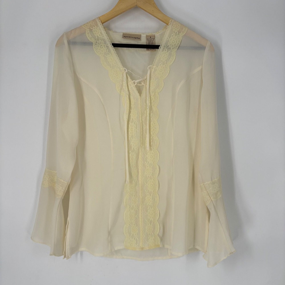 VTG Apostrophe Womens Cream‎ Lace Trim Bell Sleeve Top 8 Tie Front Romantic